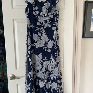 London Times Navy and White Floral Ruffle Maxi Dress